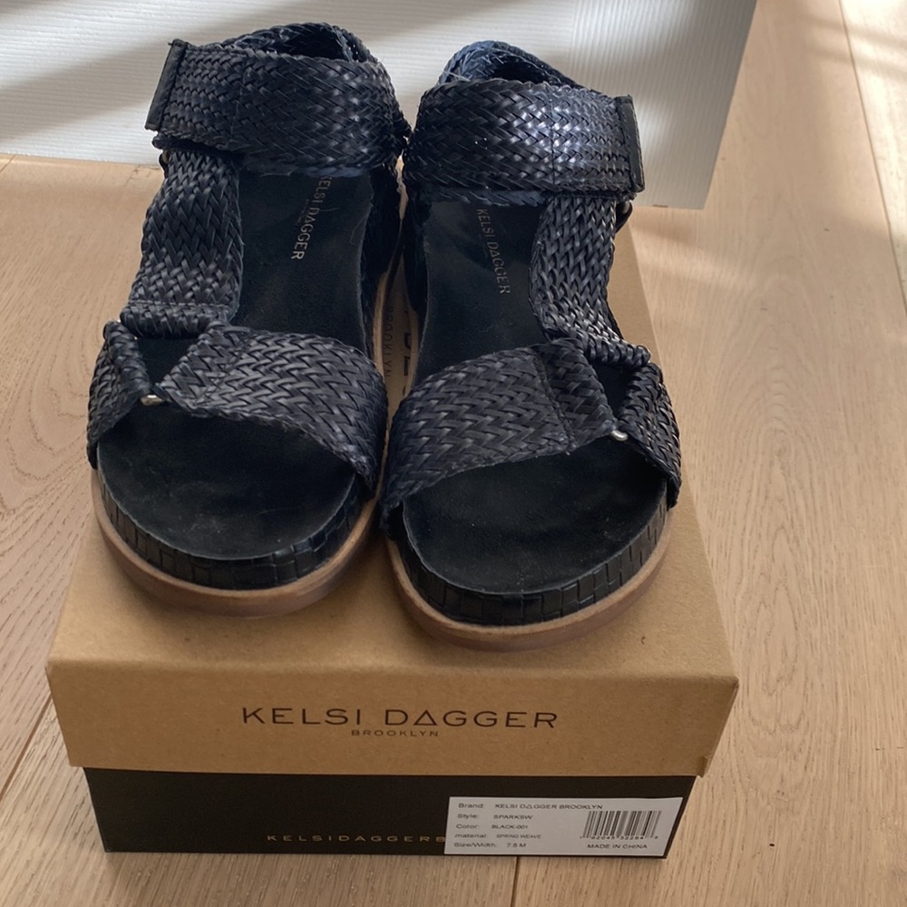 Kelsi Dagger Black Braided Leather Ankle Strap Sandals - Picture 14 of 14